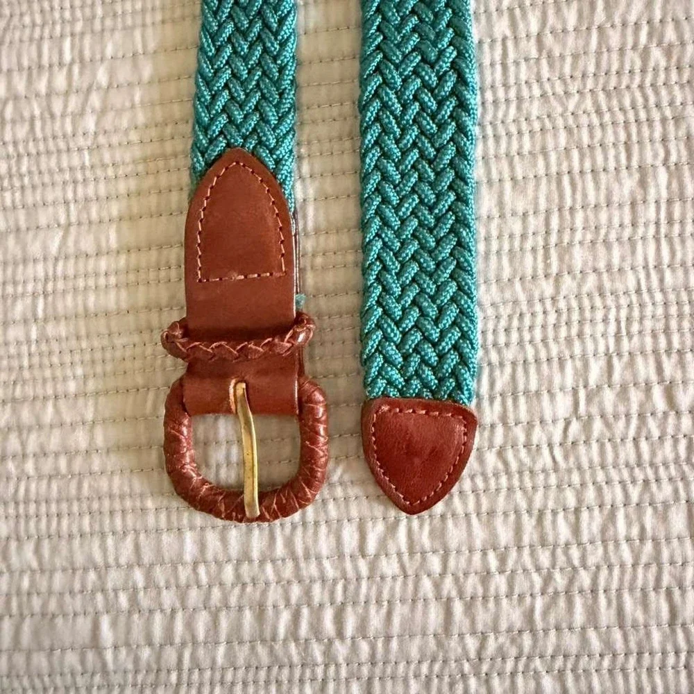 Honors‎ Vintage Teal Braided Cord Belt Brown Leather Trim Made in USA